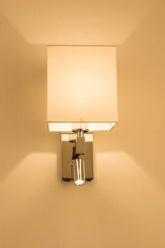 HARPER LIVING 1xE27/ES Up Down Wall Light with Adjustable LED Reading Light, 1 USB Port and 2 On/Off Switches, Polished Chrome Finish, White Fabric Shade (Square Shade) - Image 2