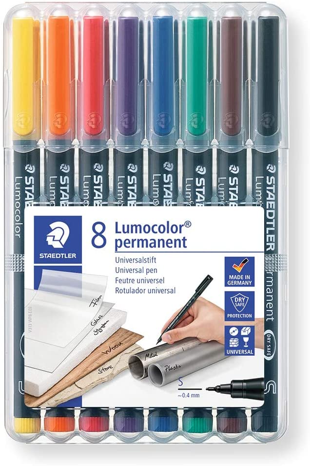 STAEDTLER 313 WP8 Lumocolor Permanent Pen, Superfine Line Width, 0.4mm, Assorted Colours (Pack of 8), Multicolored