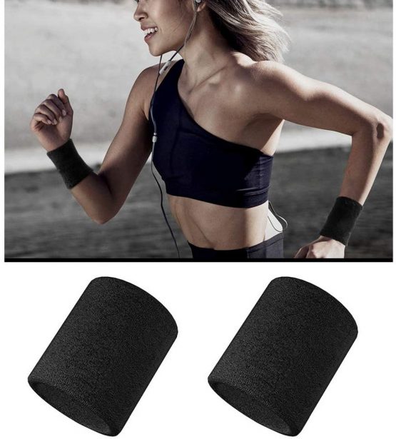 kuou 2 Pairs/4 Pack Black Wrist Sweatband, Athletic Cotton Sweat Bands Terry Cloth Wristband For Sports - Image 2
