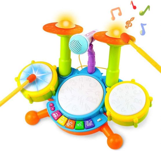 deAO Beginners Musical Table Top Drum Kit Play Set with Drum Sticks, Microphone, Light Features, Interactive Music and Sounds for Babies Kids and Toddlers - Image 4