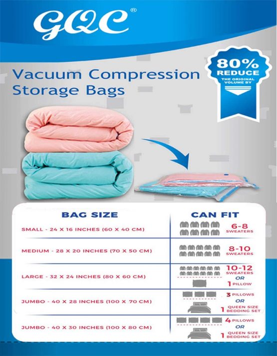 GQC Premium Vacuum Storage Bags. 80% More Storage!Vacuum bags clothes Hand-Pump for Travel! Double-Zip Seal and Triple Seal Turbo-Valve for Max Space Saving(2PCS100x70cm; 2PCS 80x60cm;4PCS70x50cm) - Image 2
