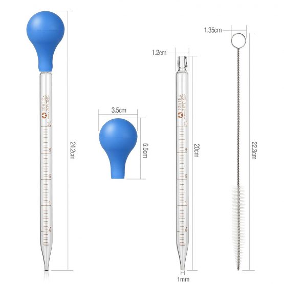 Hyber&Cara 2 Pcs 10ml Glass Pipette Dropper Graduated with Rubber Suction Bulb + 1 Pc Cleaning Brush - Image 2