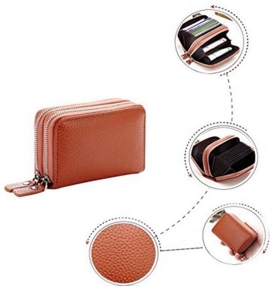 AprinCtempsD RFID Blocking Genuine Leather Wallet Women Credit Card Holder Lady Coin Purse Double Zipper Wallet (Red) - Image 4