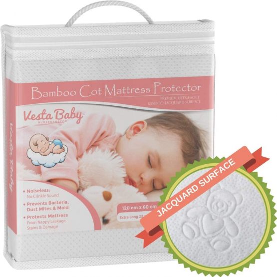Premium Cot Mattress Protector 60 x 120 cm Noiseless Waterproof Pad Cover Fitted Sheet Natural Bamboo Silent Topper for Infant and Toddler Cot Baby Bed