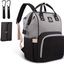 Hafmall Changing Bag Backpack Waterproof Travel Baby Bag, Stylish Large Capacity Nappy Backpack with Changing Mat and Stroller Straps (Black+Gray)