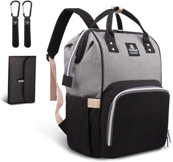 Hafmall Changing Bag Backpack Waterproof Travel Baby Bag, Stylish Large Capacity Nappy Backpack with Changing Mat and Stroller Straps (Black+Gray)
