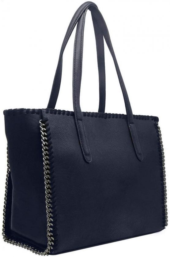 CRAZYCHIC - Women's Large Tote Shopper Bag - Ladies Chains Shoulder Bag - Long Handles Top-Handle Handbag - PU Faux Leather A4 Large Capacity - Fashion School Work Designer Shopping Bag - Dark Blue - Image 4