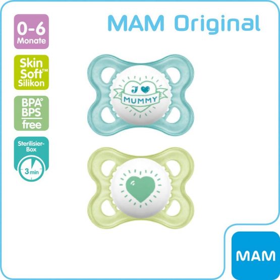 MAM "Skin Soft" Silicone Dummy // I Love Mummy & Daddy // 0-6 Mo. Boy // set of 4 // incl. 2 sterilised transport boxes - Image 3