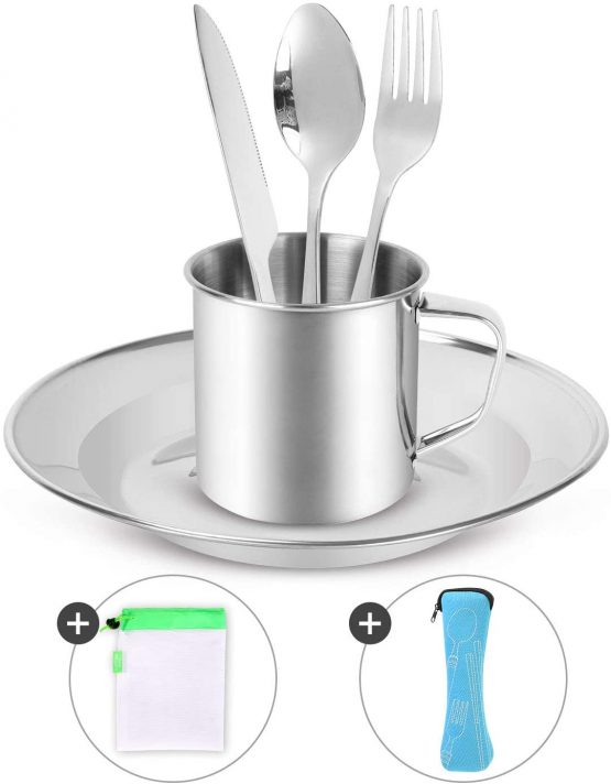 Odoland Camping Cutlery Set - Stainless Steel Tableware Mess Kit Includes Plate Cup Fork Spoon, 7 in 1 Flatware Kit with Mesh Bag - Dinnerware Utensils Set for Outdoor Camping Hiking and Picnic - Image 2