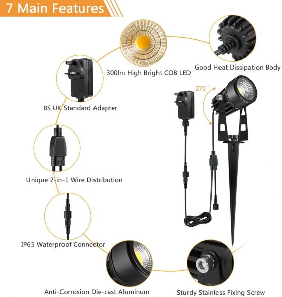 ECOWHO Garden Lights Mains Powered 21m Outdoor Lights IP65 LED 12V Spike Lighting Metal Uplighter Warm White Ground & Wall Mounted for Yard Path Tree(6-Pack Extendable to 12 Spotlights) - Image 4