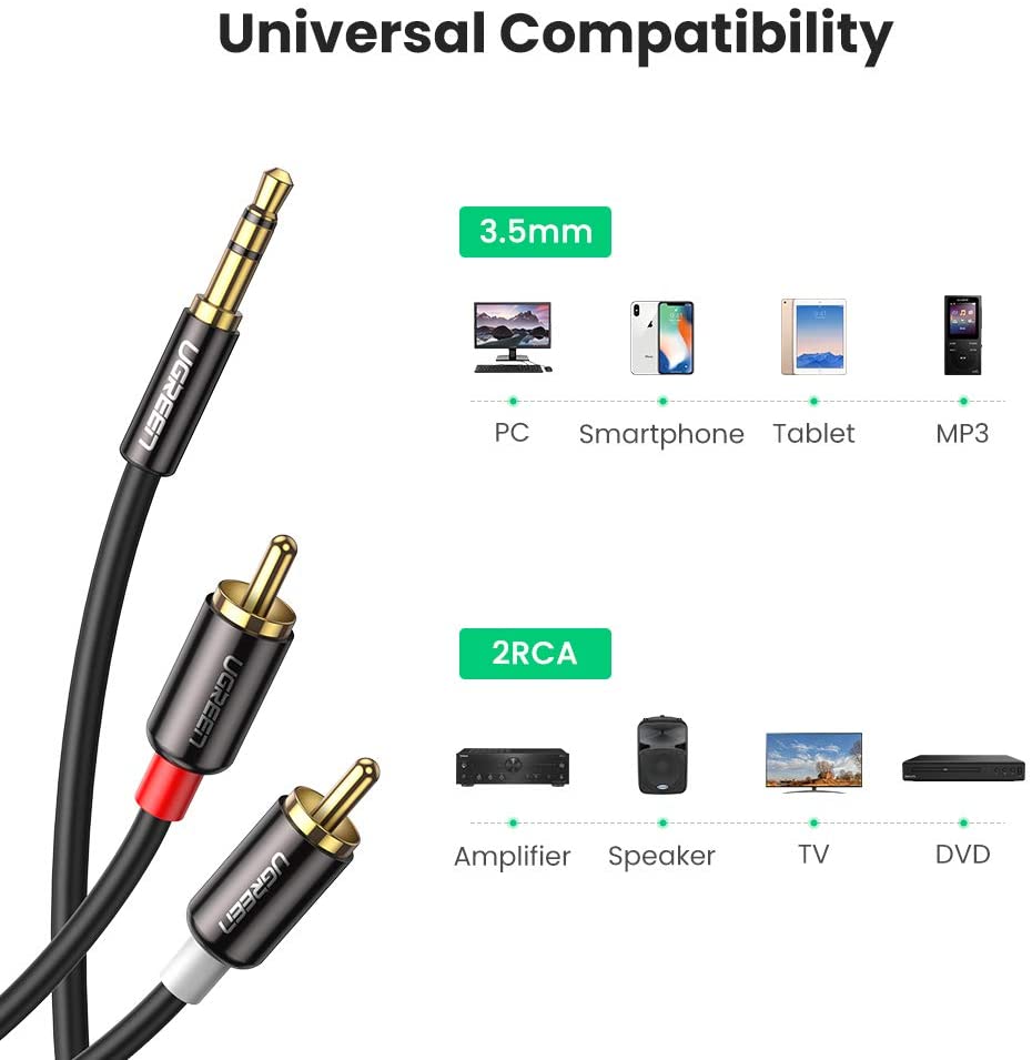UGREEN RCA to 3.5mm Cable Phono Mini Jack Stereo Lead Gold-plated Red and White Aux Headphone Cord RCA Audio Y Splitter Compatible with Hi-Fi Amplifier Speaker DJ Controller Turntable TV Car Phone(2M) - Image 2