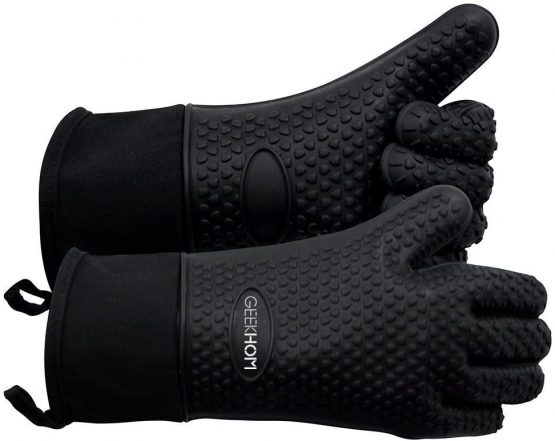 GEEKHOM Oven Gloves Heat Resistant Silicone Oven Mitts BBQ Gloves Waterproof Kitchen Gloves, Cooking Accessories for Baking Barbecue Grilling Weber Pizza Microwave Oven Glove, Non-Slip (Black)