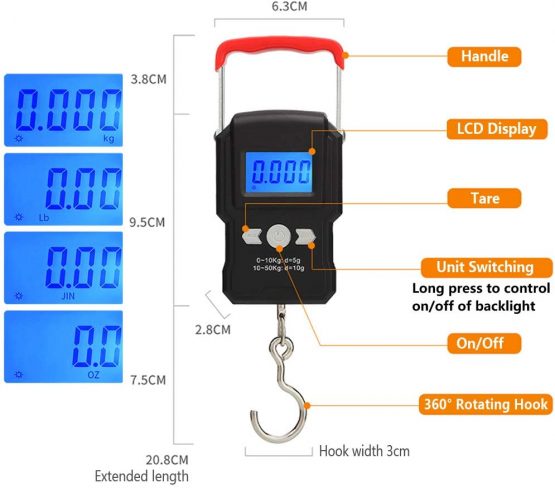 HANWELL 50kg/110lb Digital Luggage Scale with 4 Units, Electronic Travel Hanging Scales with Backlit Display/Tare/Data Hold Function - Portable for Handheld Suitcase (Red 50kg Luggage Scale) - Image 2