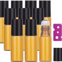 10Pcs Essential Oils Roller Bottles, Yalbdopo 5ml Refillable Amber Sample Glass Roll on Bottles with Stainless Steel Roller Balls & 1 Dropper & 1 Bottle Opener, Great for Aromatherapy, Fragrance