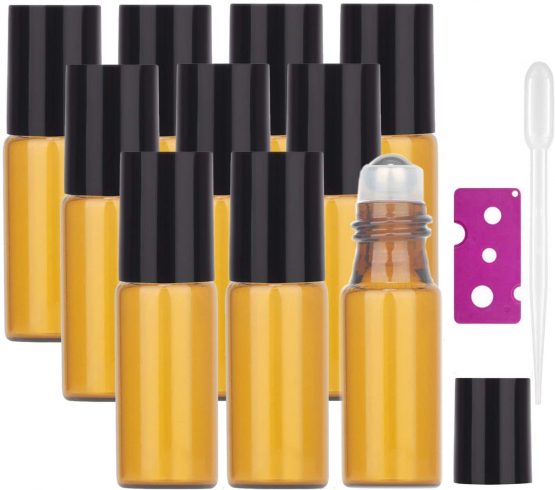10Pcs Essential Oils Roller Bottles, Yalbdopo 5ml Refillable Amber Sample Glass Roll on Bottles with Stainless Steel Roller Balls & 1 Dropper & 1 Bottle Opener, Great for Aromatherapy, Fragrance