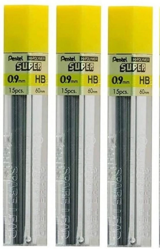 Pentel 0.9mm Size HB Shade Hardness Pencil Refill Replacement Spare Leads Hi Pollymer Super For Automatic & Mechanical Pencils (Pack Of 3 Tubes - 45 Pieces)
