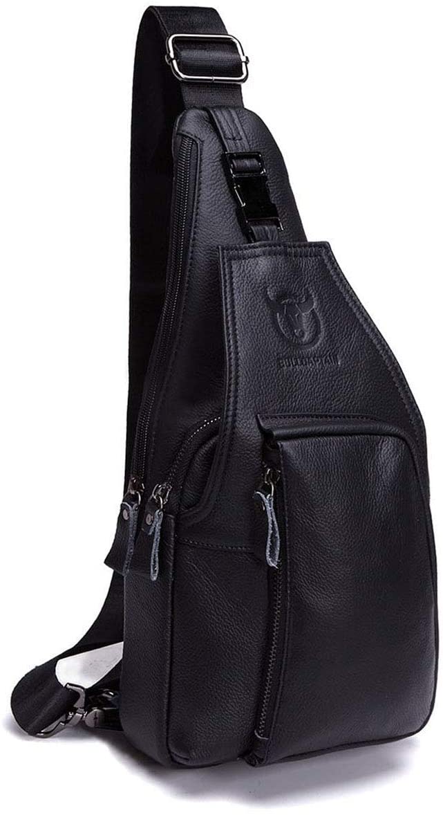 BULLCAPTAIN Men's Leather Chest Bag Shoulder Bags Shoulder Bags Crossbody Bags Sports Business Travel Black, Black, M