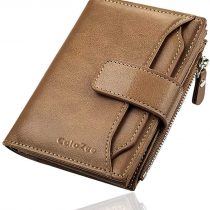 Men's Wallet, Genuine Leather RFID Blocking Wallet Mens, Credit Card Holder Bifold Wallet with Zip Coin Pocket for Men, with Gift Box, Khaki