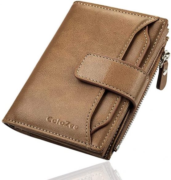 Men's Wallet, Genuine Leather RFID Blocking Wallet Mens, Credit Card Holder Bifold Wallet with Zip Coin Pocket for Men, with Gift Box, Khaki