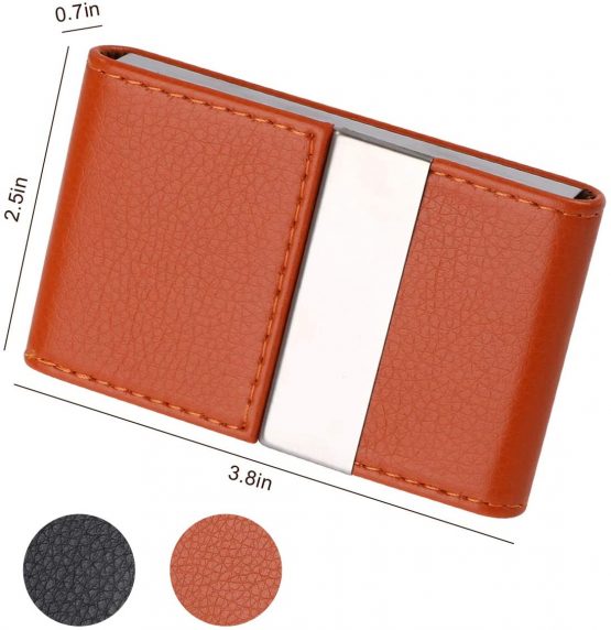 flintronic Business Card Holder | PU Leather Credit Card Holder, Slim Stainless Steel ID Case for Men/Women | Double Open Magnetic Buckle Keep Your Business Name Cards Clean (Orange) - Image 3