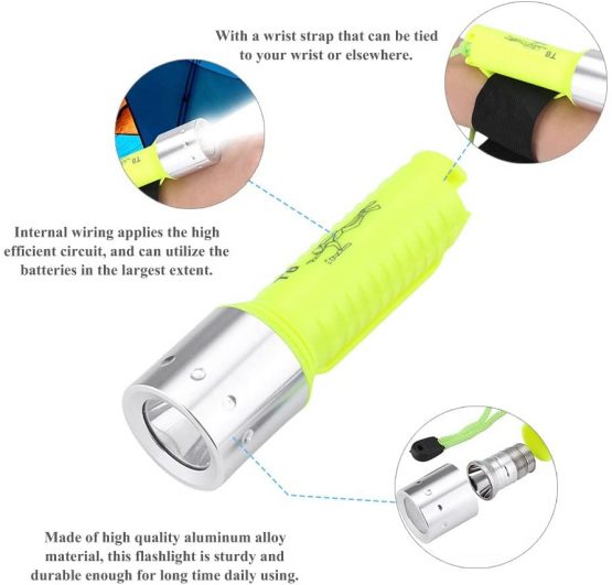 Garosa Diving Flashlight Diving Emit Range 60 Meters Bright Submarine Light Scuba Aluminium Alloy Portable T6 Pocket Safety Lamp Waterproof Torch Underwater Torch with Wrist Strap Outdoor Sports - Image 2