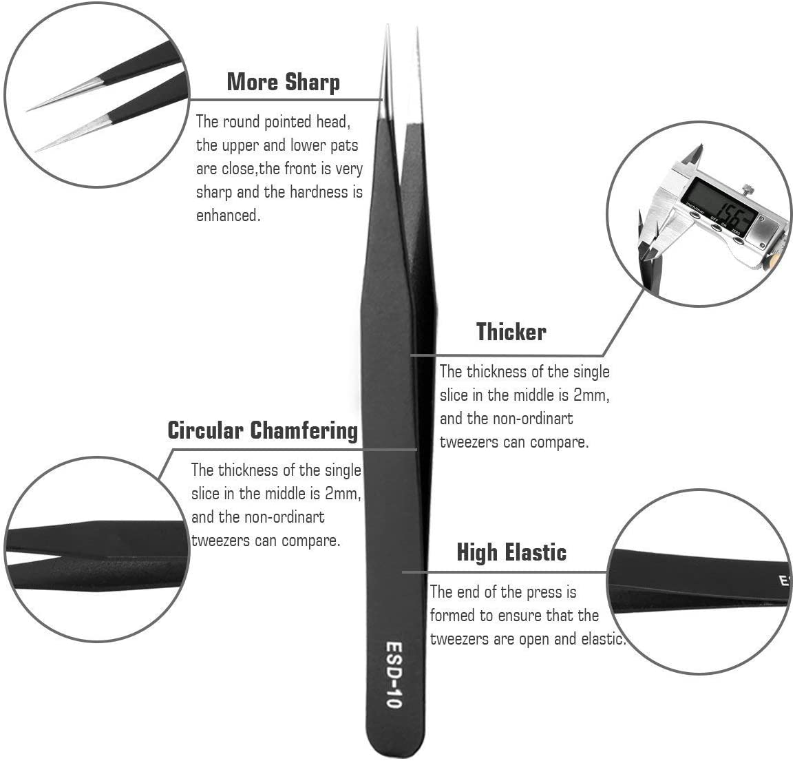 Hafeehoo 10PCS ESD Tweezers Kit, Precision Anti-Static Tweezers Set, Non-Magnetic, Multi-Standard Stainless Steel - Image 3