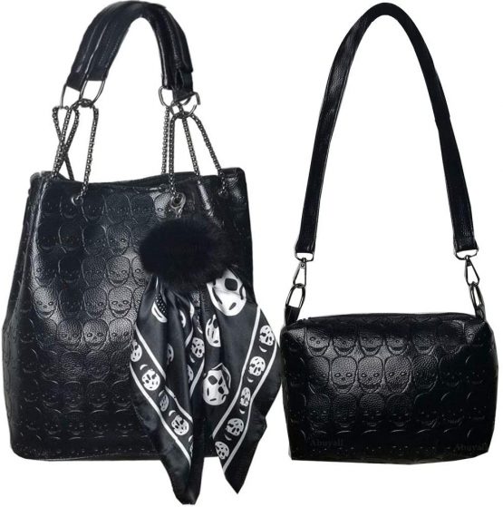Abuyall Womens Skull Print PU Leather 2 in 1 Hobo Tote Punk Shoulder Crossbody Handbag
