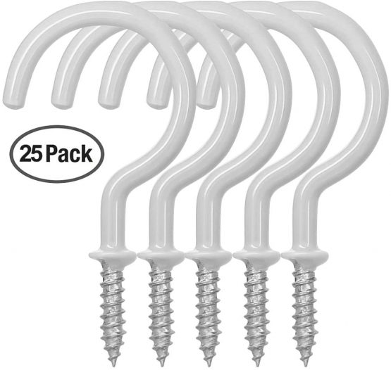 FineGood 25 Pack Cup Hook Ceiling Hooks, 2.9 Inches, Vinyl Coated Screw Hanger for Indoor and Outdoor Use - White