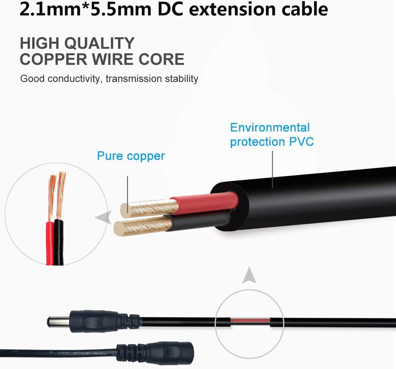 Liwinting 2m/6.56ft DC Extension Cable 2.1mm x 5.5mm Male to Female Connector - Image 4