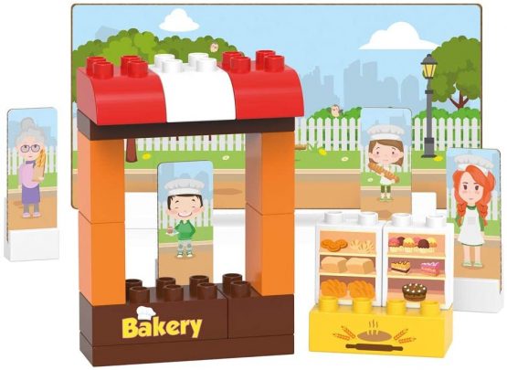 BIOBUDDI BB-0135 Building Bakery Play Set, 20 Blocks, 9 Push-Out Cards, Multi-Coloured