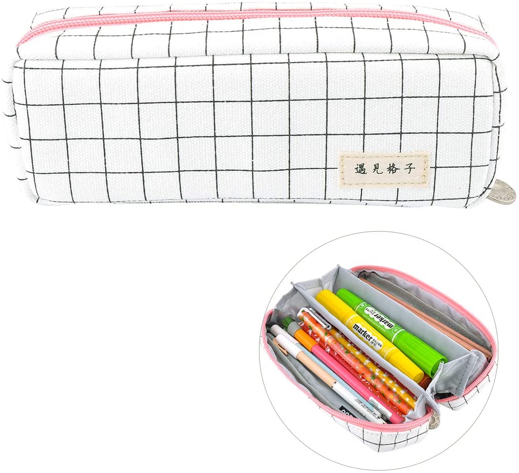 Oyachic Rectangular Pencil Case Plaid Pouch Bag Pen Holder 3 Compartments Stationery Storage Organizer Box for Teen Girls Students School Office