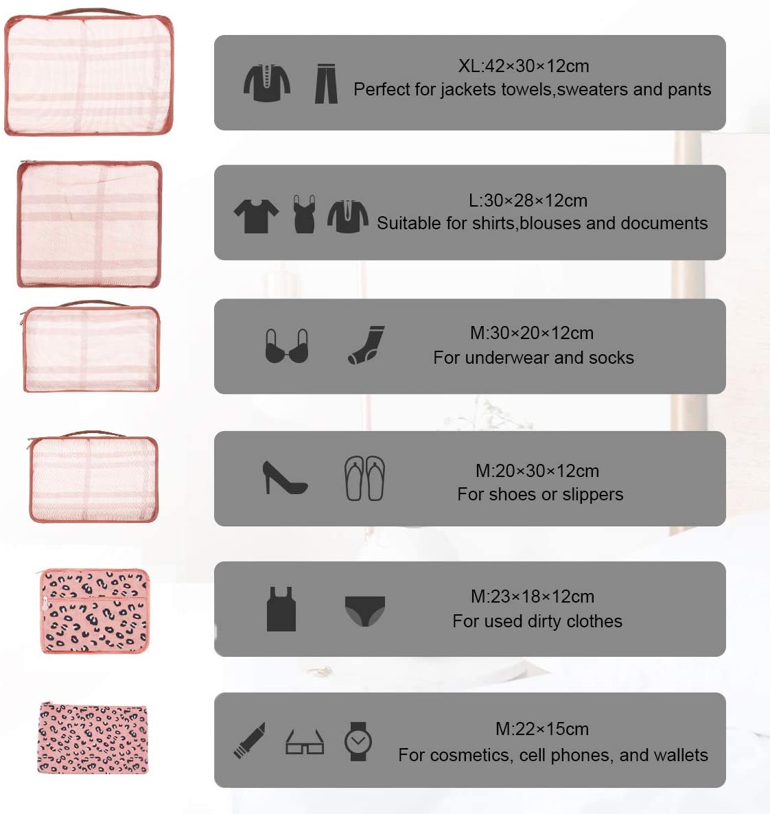 Packing Cubes for Suitcase 10 Sizes Suitcase Organizer Bags 10 Pcs Travel Bags Organiser (10, Leopard Print) - Image 4