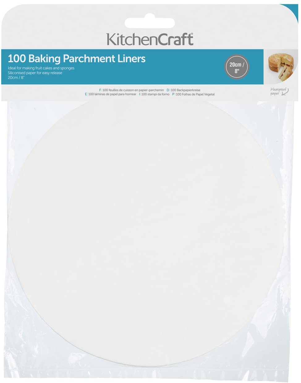 KitchenCraft Non-Stick Greaseproof Baking Parchment Paper, Dual Sided Circular Round Tin Liners, 2 cm (8") - Circles (Pack of 1)