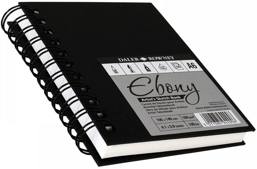 Daler-Rowney Ebony 160gsm A5 Smooth Portrait Drawing Sketchbook, Spiral Bound, 54 Natural White Sheets