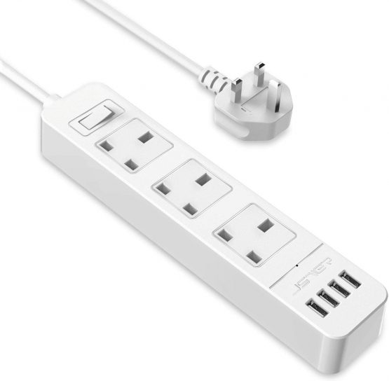 JSVER Extension Lead USB, Power Socket with 3 Outlet 4 USB Charging Station Power Strip Surge Protection with 2m Power Lead-White