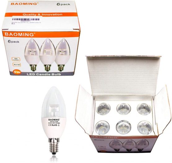 BAOMING Dimmable LED Candle Bulb 5W (40W Equal), E14 Small Screw Cap, 6000 Kelvin Cool White, CRI80, Clear, 220-240 Volt, Pack of 6 - Image 4