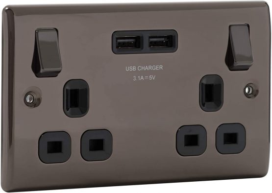 BG Electrical nbn22u3b Double Switched Fast Charging Power Socket with Two USB Charging Ports, 13 A, Black Nickel - Image 2