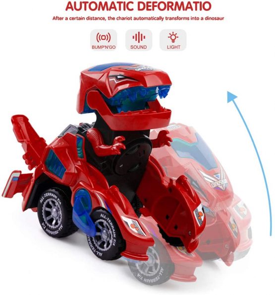 Highttoy Dinosaur Transforming Car for 3-7 Years Old Boys Girls,Electric Dinosaur Toys for Kids Automatic Deformation Dinosaur Car with Flashing Lights and Sound Dinosaur Transforming Car for Kids Red - Image 3