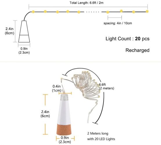 LED Cork Bottle Lights, USB Powered Rechargeable, 6.2ft 20 LED, Copper Wire String Starry LED Lights for DIY, Home Kitchen, Wedding, Halloween, Christmas, Party Decor (Warm White, 3 Pcs) - Image 4