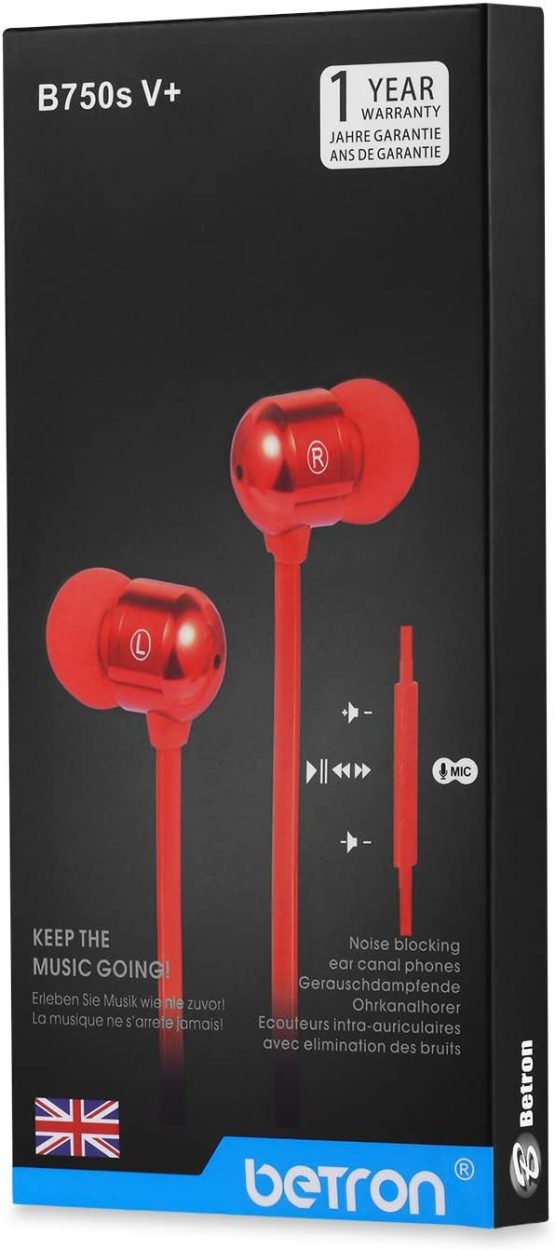 Betron B750s Earphones, Wired In-Ear Headphones Earphones with Microphone, Noise Isolating, Tangle-Free Cable, Enhanced Bass, Red - Image 3