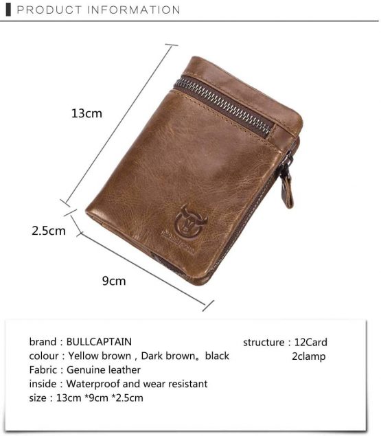 Genuine Leather Men Wallet, RFID Blocking Antimagnetic Credit Card Holder, Zipper Coin Purse Brown - Image 2