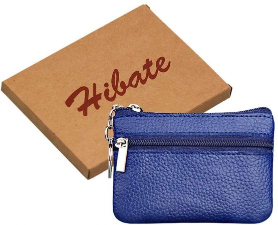 Hibate Mini Coin Purse Holder Wallet Leather Purses for Women Men Kids Zipper Pouch with Key Ring - Blue - Image 3