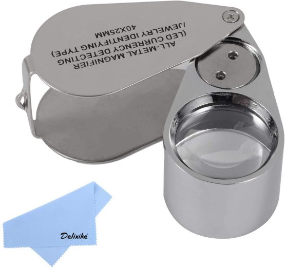Delixike 40X Jewelry Loupe, All Metal Folding Jewellery Magnifier Eye Loop with LED Light, Magnifying Glass for Diamonds, Jeweller, Coins, Stamps(Currency Detecting/Jewellry Identifying)