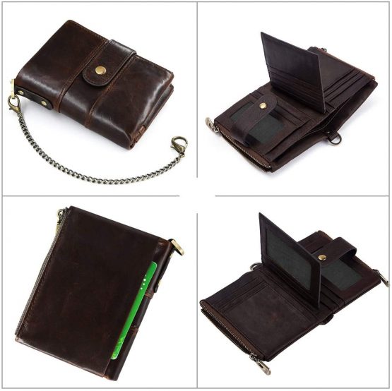 Mens Wallet RFID Blocking Soft Genuine Leather Gents Wallet with Chain, Double Zipper Men Leather Wallets with Coin Pocket Small Mens Bifold Wallets 16 Card Holder (Coffee) - Image 3