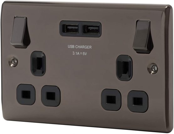 BG Electrical nbn22u3b Double Switched Fast Charging Power Socket with Two USB Charging Ports, 13 A, Black Nickel