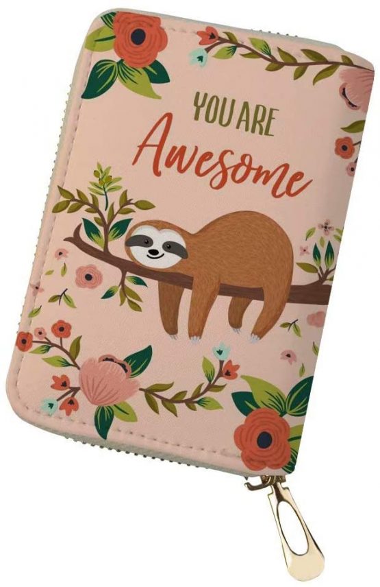 Aulaygo Credit Card Holders Women Leather Card Case Purse Cute Cartoon Sloth Printing RFID Blocking with Zipper Credit Card Protector Purse for Ladies Gifts