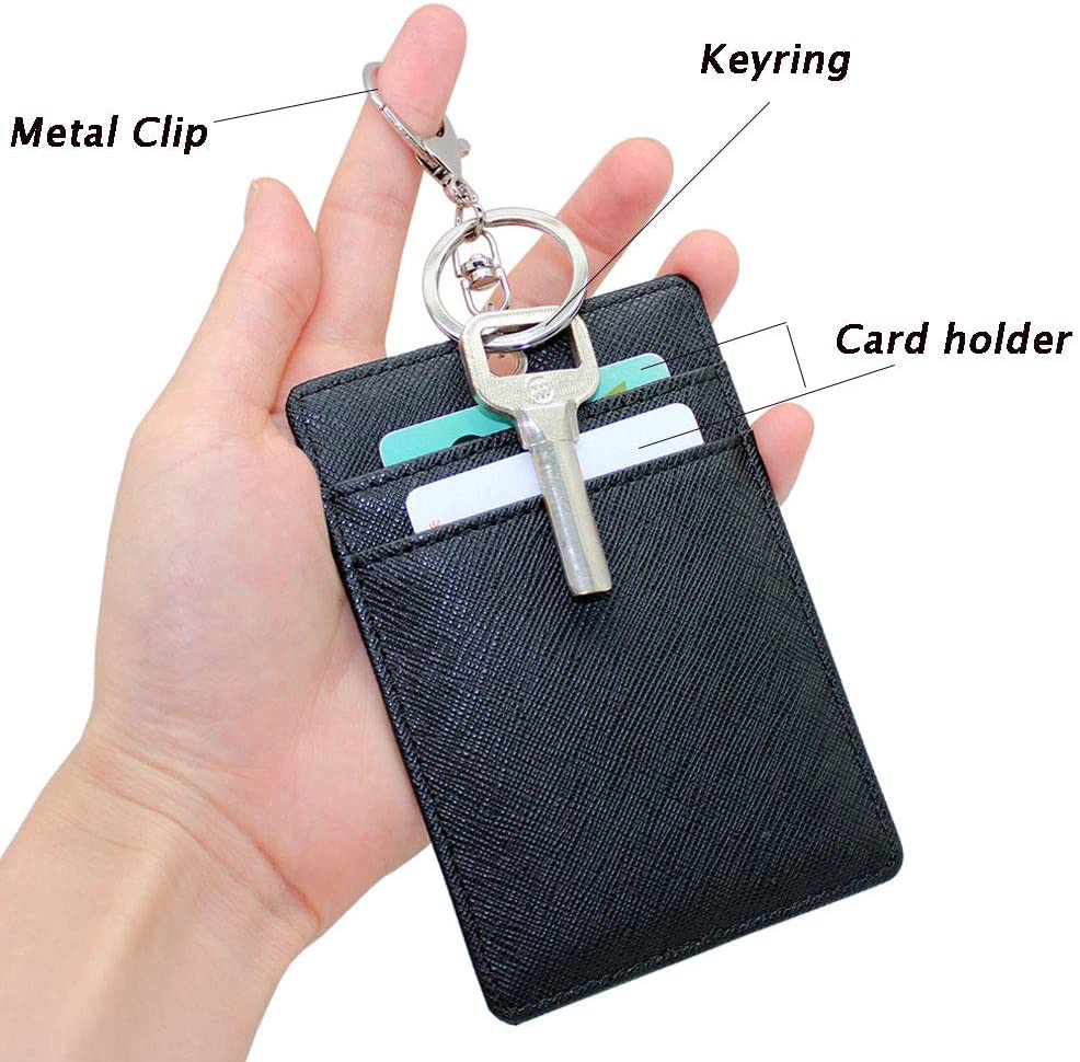 Leather ID Card Badge Holder: Boshiho Faux Leather Office Card Holder Wallet with Keyring 1 ID Clear Window Vertical Style (Black) - Image 3