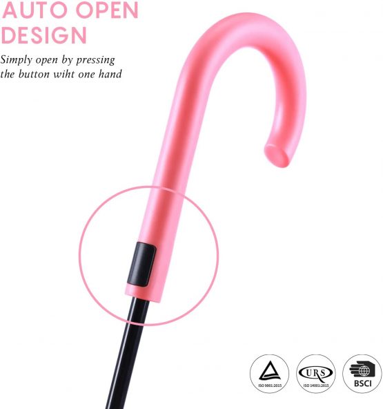 RUMBRELLA Pink UV Stick Umbrella Auto Open UPF 50+ with J Hook Handle 50IN - Image 3