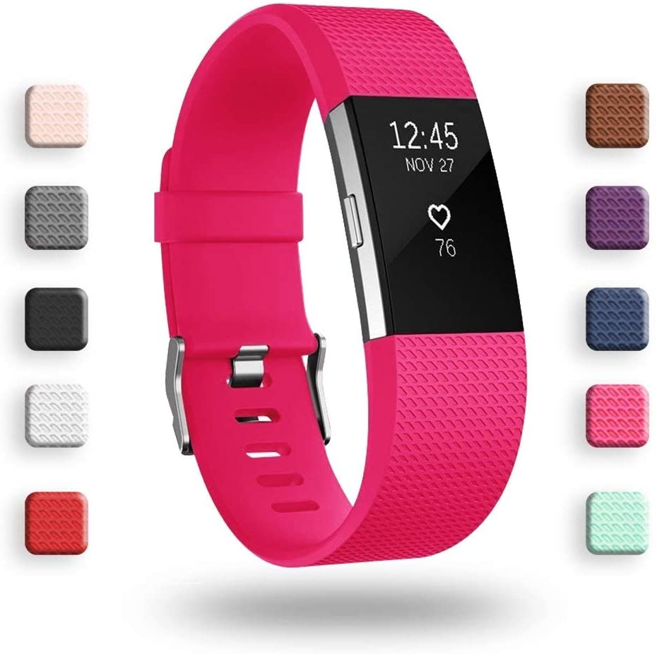 Fitbit Charge 2 Straps, Soft Accessory Strap, Secure Metal Clasp for Fitbit Charge 2 (5.5-6.7") - Red Pink
