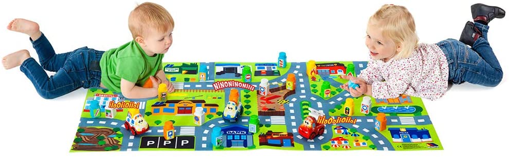 Molto Blocks Set + 3 Electronic Cars + Big Playmat, Multicoloured, Sin talla